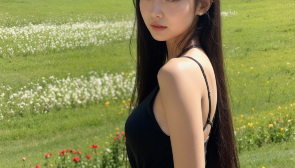black dress in field of flowers
