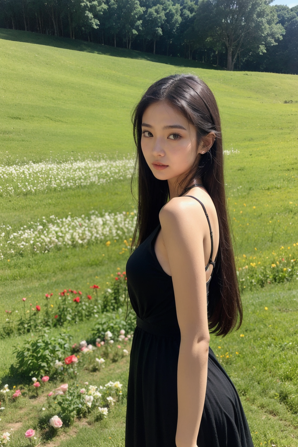 black dress in field of flowers