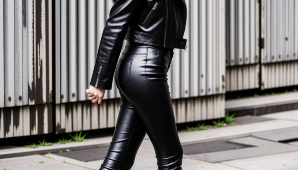 black leather outfit walking outside