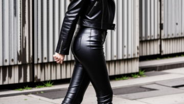 black leather outfit walking outside