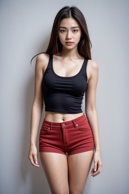 black tank top and red shorts