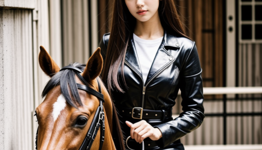 closeup on horse wearing black leather