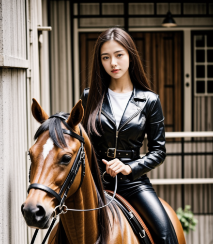 closeup on horse wearing black leather