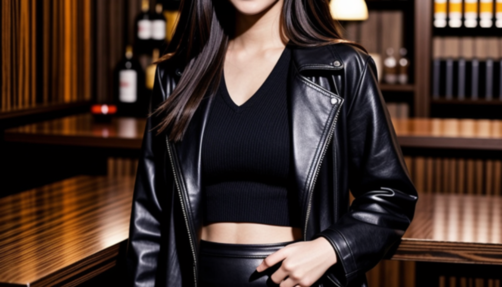long black leather coat and black leather skirt in the bar