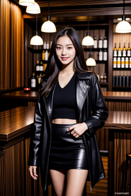 long black leather coat and black leather skirt in the bar