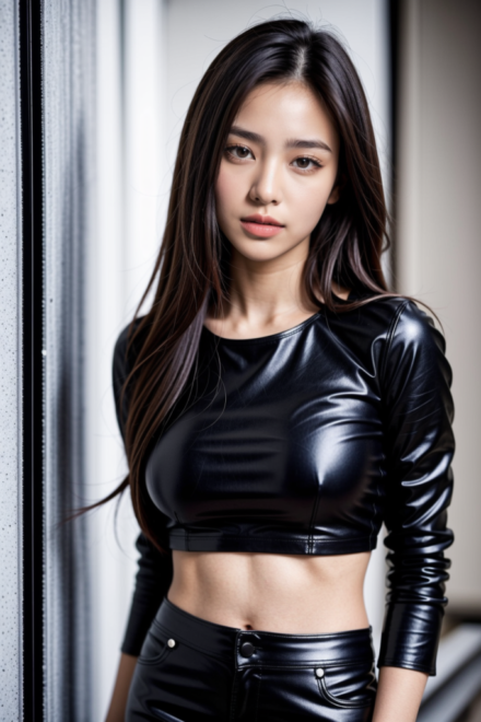 looking sexy wearing black leather top and pants