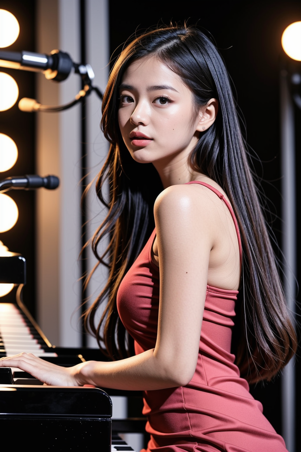 red dress at the piano side view