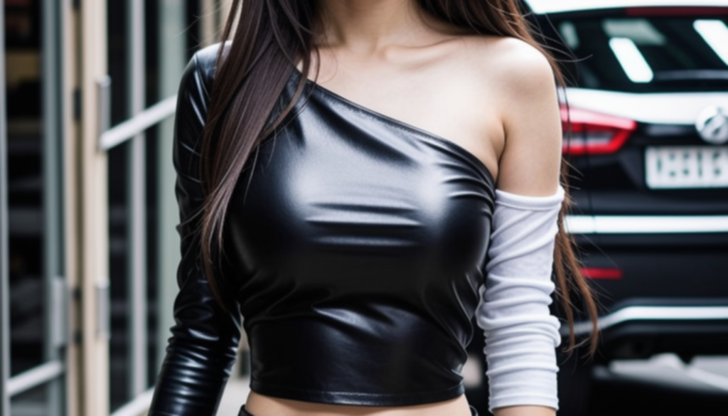 sexy in black leather top and pants walking