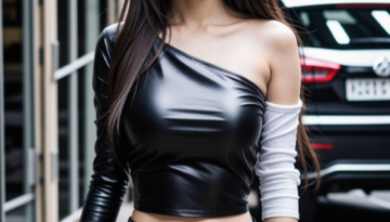 sexy in black leather top and pants walking