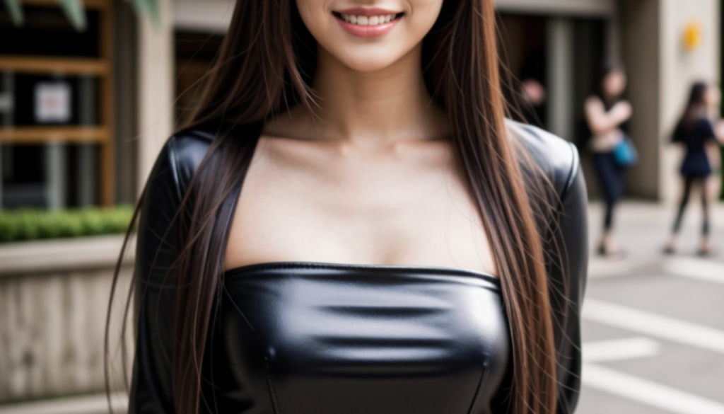 smile with black leather top and pants outside