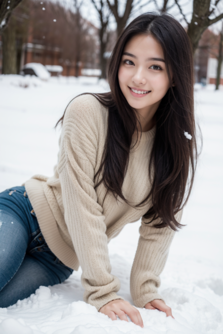 white sweater and blue jeans on my side in the snow