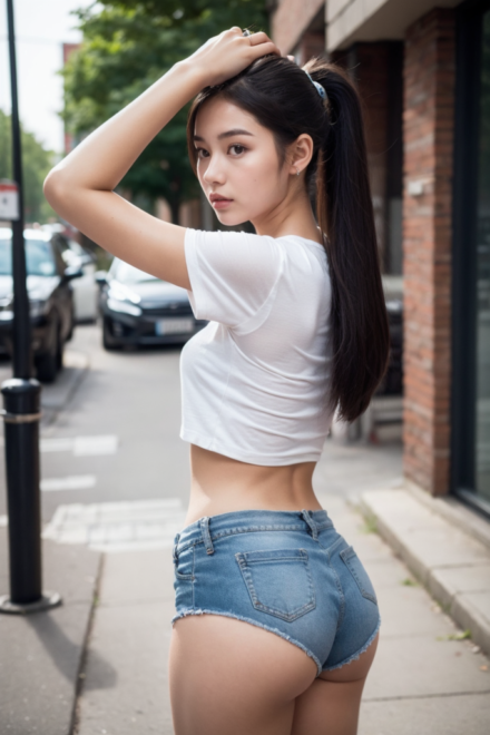 white t-shirt and jean hot pants