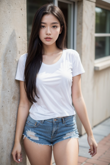 white t-shirt and jean shorts