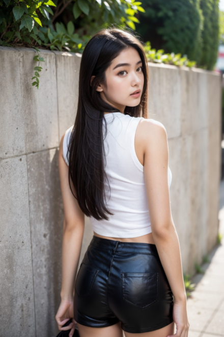 white top and black leather shorts