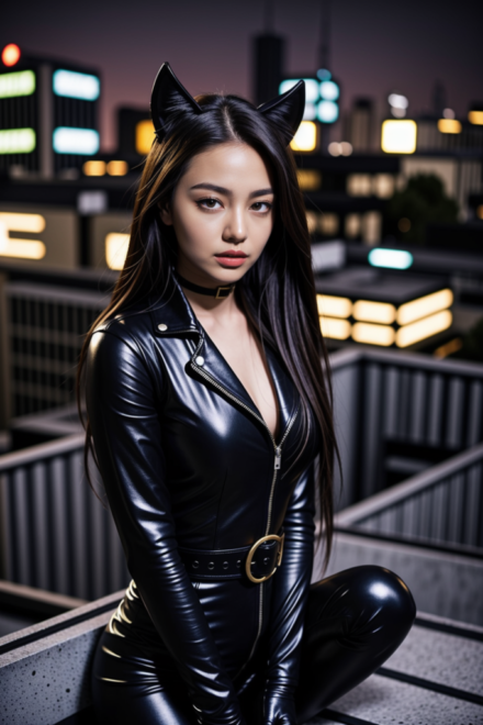 AsianAIModel On A Roof At Night As Catwoman Posing 5
