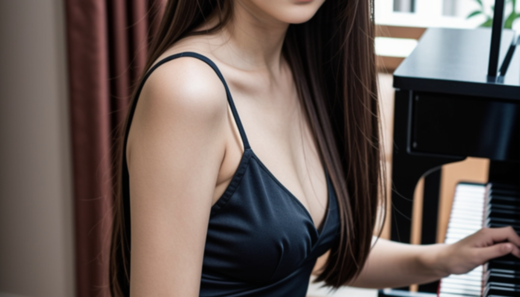 AsianAIModel in black dress playing piano