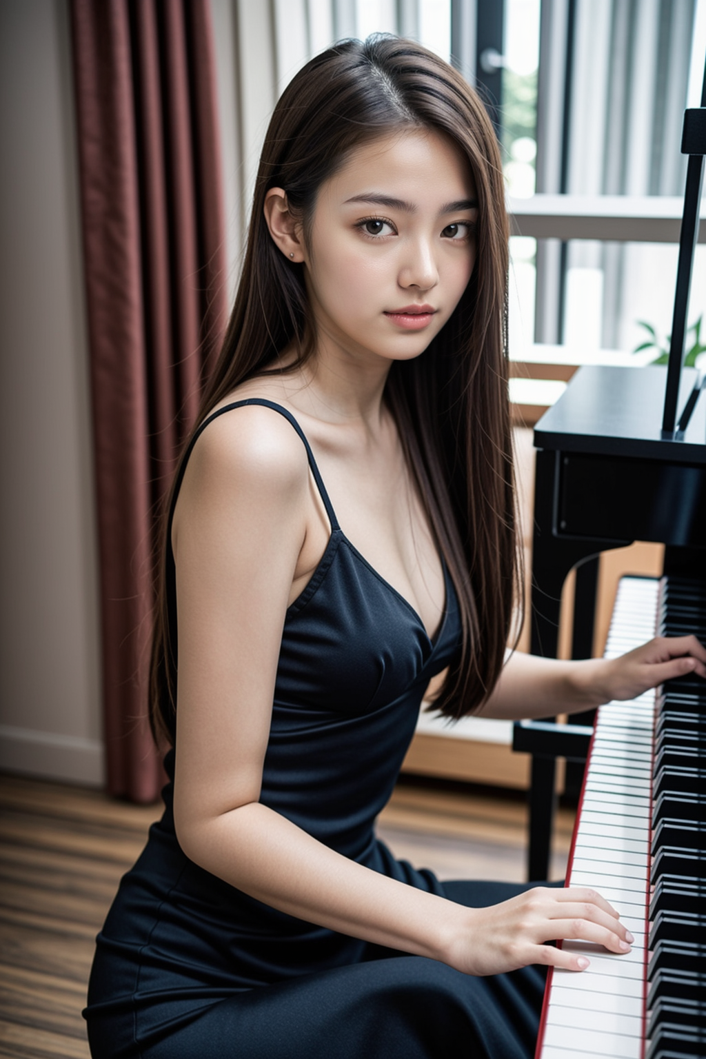 AsianAIModel in black dress playing piano