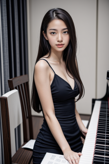 AsianAIModel standing at piano