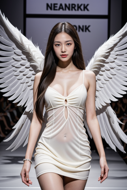 AsianAIModel with white angel wings on the runway