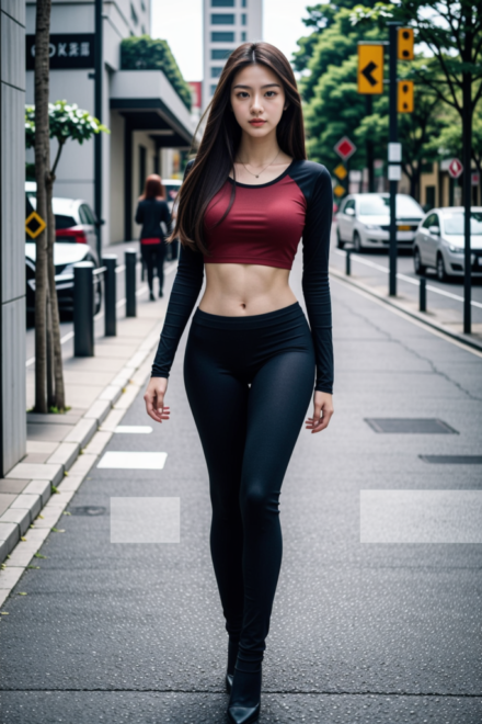 red and black spandex walking down street