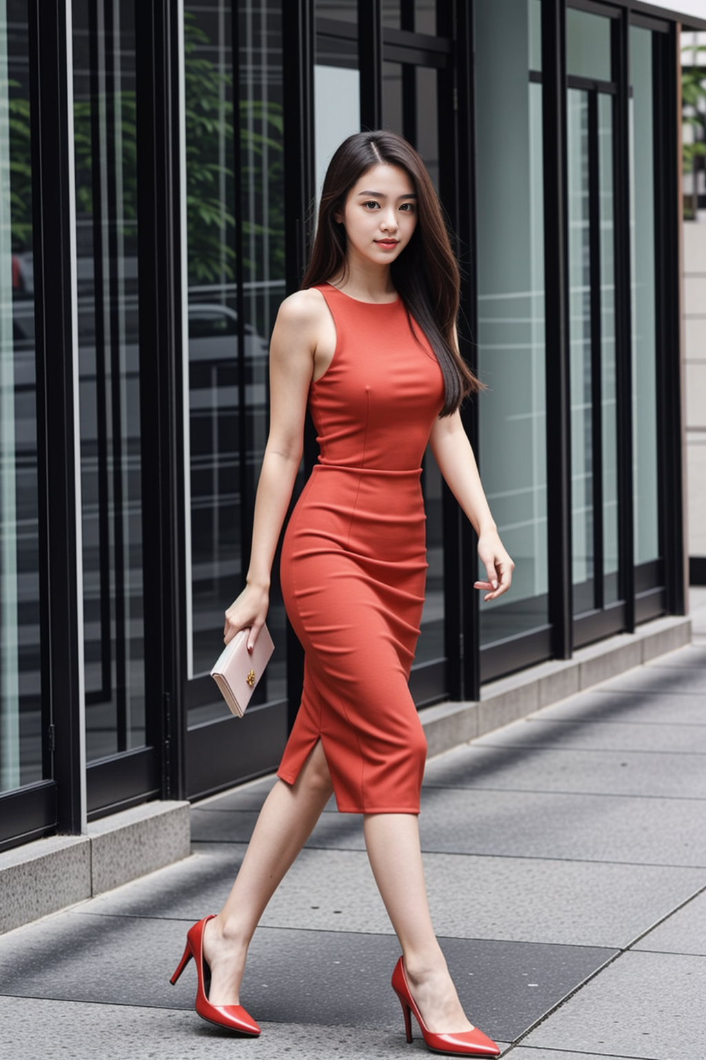 red dress and red heels coming out of hotel