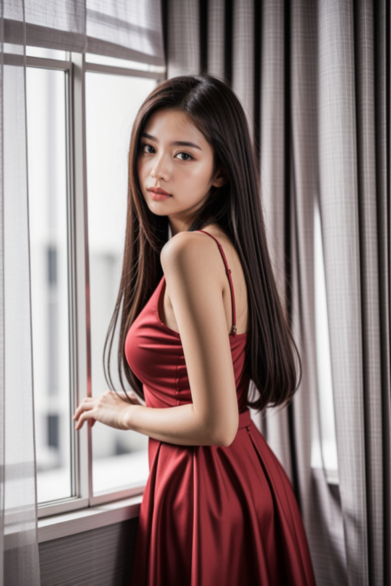 red dress at window