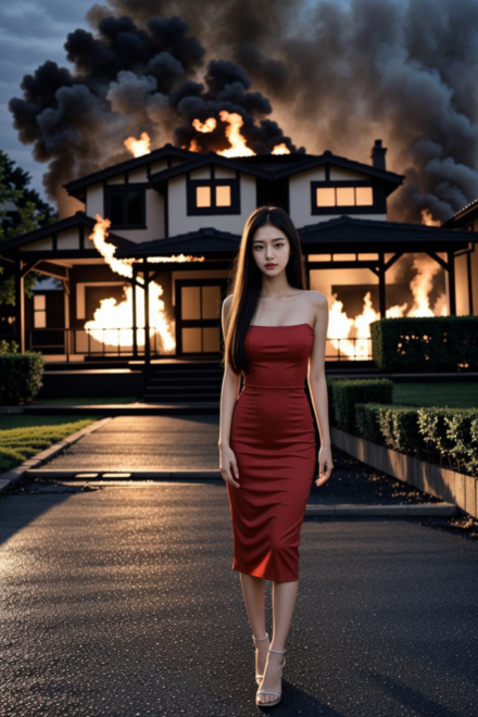 red dress outside burning home