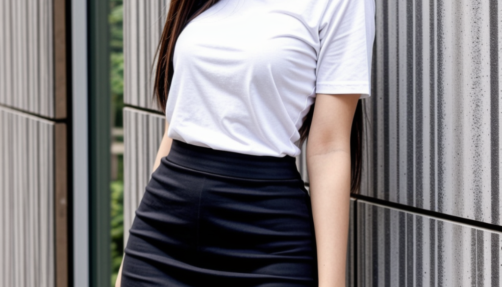 white t-shirt and black skirt