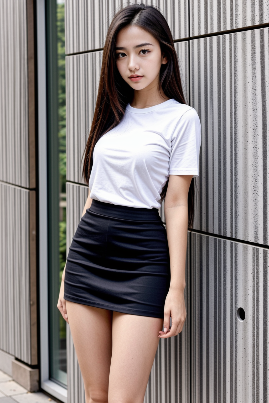 white t-shirt and black skirt