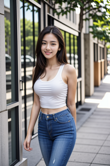 white tank top and blue jeans with a smile