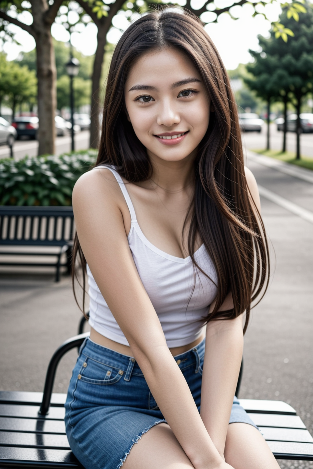 white tank top and shorts sitting on park bench