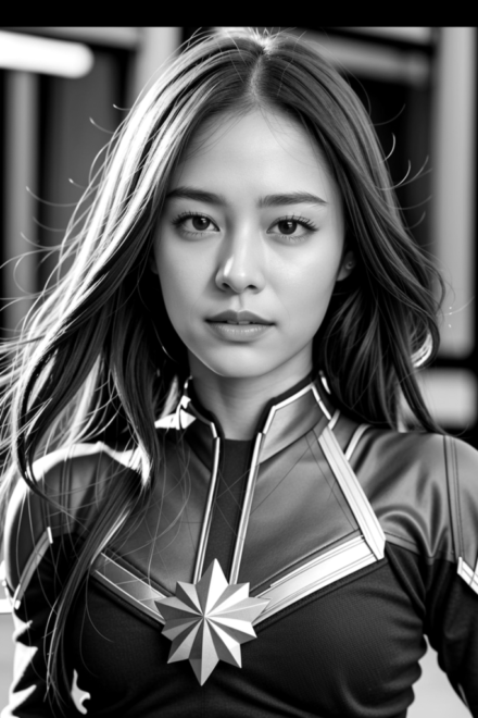AsianAIModel as Captain Marvel Closeup in Black and White