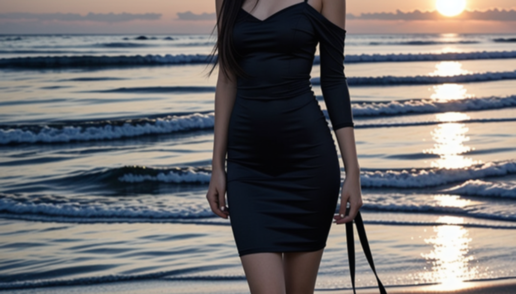 Sunset on the beach in a black dress