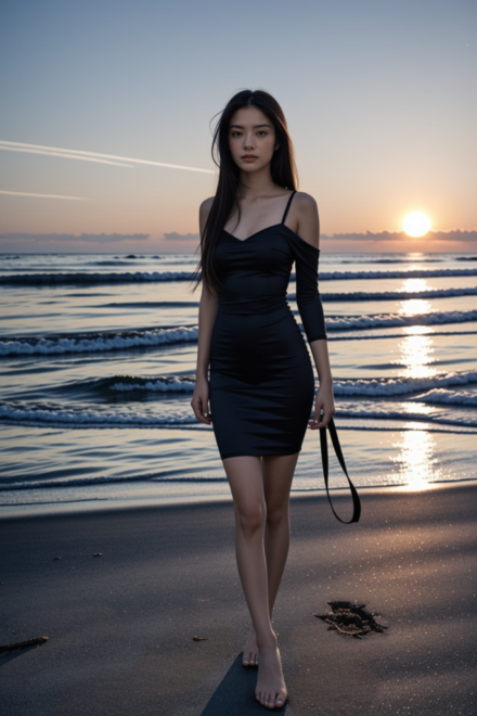 Sunset on the beach in a black dress
