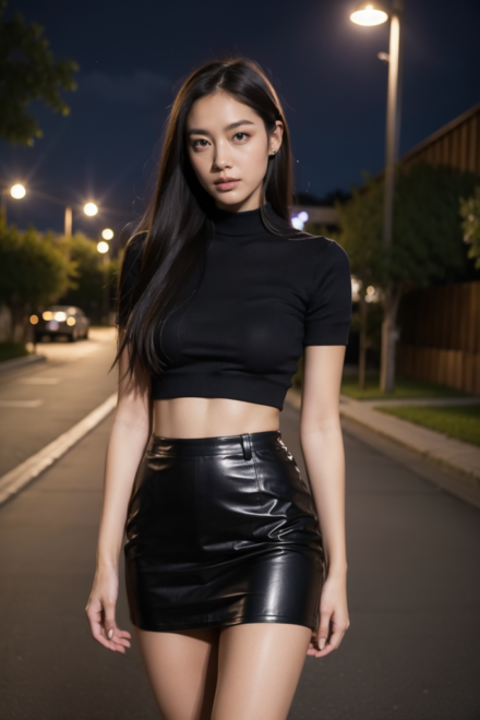 black top and black leather skirt
