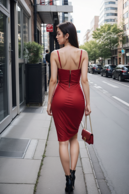 tight red dress walking down sidewalk