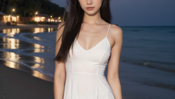 white dress at night on the beach by the water