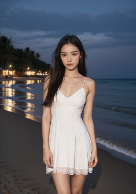 white dress at night on the beach by the water