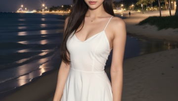 white dress on the beach at night by the water